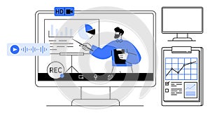 Virtual Presentation with Charts and Graphs on Screen, Remote Learning and Data Analysis