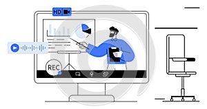 Virtual Presentation Concept with Recording Interface, Charts, and Online Communication Elements