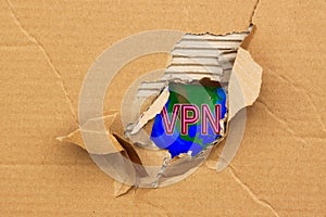 Virtual Private Network through hole in cardboard form, virtuelles Netzwerk, business VPN solutions for enterprise to secure data