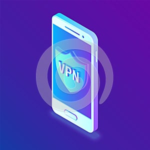 Virtual private network, VPN, Data encryption, IP substitute. Smartphone vith Security Shield. Cyber security and privacy,