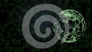 Conept of cyberspace and programming. Virtual projection of planet in plexus pattern over squared background.