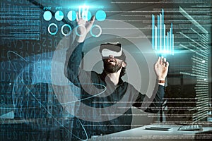 Virtual reality, business man and 3d graphs for working on statistics, data or hologram at night. Metaverse, vr and