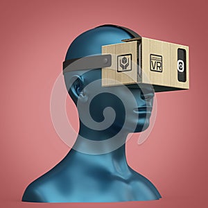 Virtual reality cardboard headset on color female plastic mannequin head, high quality isolated render