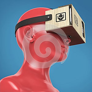 Virtual reality cardboard headset on color female plastic mannequin head, high quality isolated render