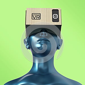 Virtual reality cardboard headset on color female plastic mannequin head, high quality isolated render