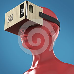 Virtual reality cardboard headset on color female plastic mannequin head, high quality render
