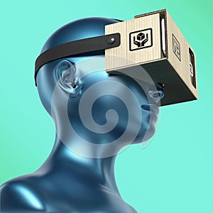 Virtual reality cardboard headset on color female plastic mannequin head, high quality render