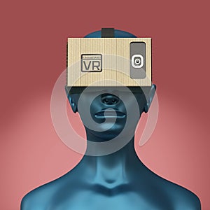 Virtual reality cardboard headset on color female plastic mannequin head, high quality render