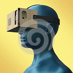 Virtual reality cardboard headset on color female plastic mannequin head, high quality render