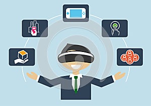 Virtual reality concept as illustration of business man using VR headset