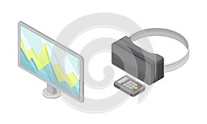 Virtual reality concept. Computer and vr glasses, hi-tech technology concept isometric vector illustration