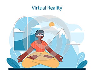 Virtual Reality concept. A serene figure in meditation harnesses VR to explore tranquil mountain scenes