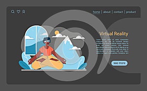 Virtual Reality concept. A serene figure in meditation harnesses VR to explore tranquil mountain scenes