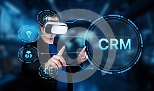 Virtual Reality and Customer Relationship Management Concept with a Man Using a VR Headset in a High-Tech Environment