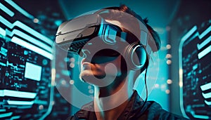 Virtual reality digital technology concept. Man wearing 3d VR headset glasses looks up, digital world. Virtual reality
