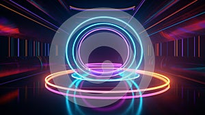virtual reality environment, neon light, round portal, rings, circles, tunnel abstract background
