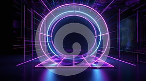 virtual reality environment, neon light, round portal, rings, circles, tunnel abstract background