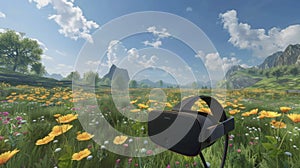 A virtual reality environment showing a peaceful meadow utilized in cognitive behavioral therapy for individuals with photo