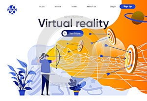 Virtual reality flat landing page. Woman archer with virtual reality headset and bow playing game in cyberspace vector