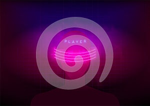 Virtual reality gaming. Abstract human face surrounded by neon glowing pink lines with haze and title PLAYER on laser