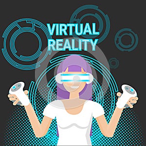 Virtual Reality Gaming Woman Wearing Vr Glasses Hold Game Controller Modern Technology Concept