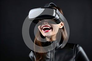 Virtual reality girl smiling as she explores new worlds with her VR headset, technology and progress concept, generative AI