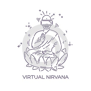 Virtual reality glasses on Buddha. VR headset advertising concept. Virtual nirvana. Dotted line vector illustration