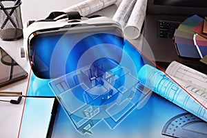 Virtual reality glasses on decorator office table representation