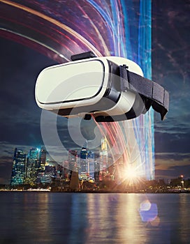 Virtual reality glasses with glitch effect with skyscrapers on the background