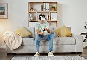 Virtual reality glasses, relax and man with game, controller and connection with software, smile or internet. Person