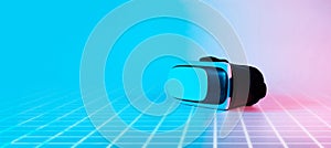 Virtual reality glasses VR. 3d digital headset on futuristic neon tech background. Cyber space game, NFT game activity
