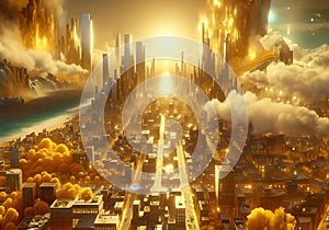 Virtual reality golden city background. Futuristic skyscrapers, concept