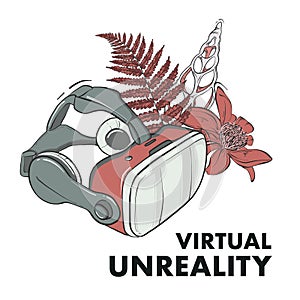 Virtual reality google mask, game interacting eyewear wih floral bouquet and text virtual unreality. Vector t-shirt template,