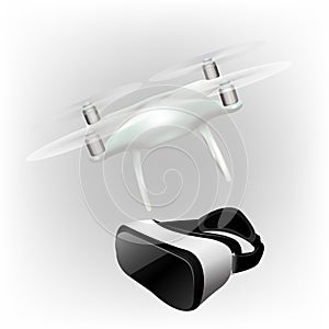 Virtual reality headset air drone with camera, Quad copter realistic mockup