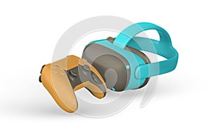 Virtual reality headset and controller for gaming. 3d VR glasses. Cyberspace of metaverse game concept. Vector illustration