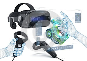 Virtual reality headset and controllers with digital interface isolated on white background