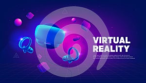 Virtual reality headset and controllers for gaming. VR helmet. Metaverse technology banner template