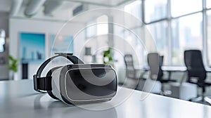 Virtual reality headset displayed on a sleek desk in a contemporary office environment