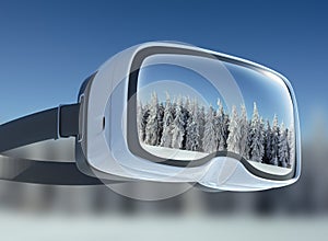 Virtual reality headset, double exposure. Mysterious winter landscape majestic mountains in . Magical snow covered tree.