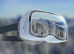 Virtual reality headset, double exposure. Mysterious winter landscape majestic mountains in . Magical snow covered tree.