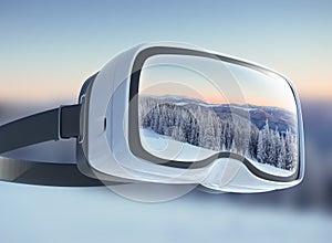 Virtual reality headset, double exposure. Mysterious winter landscape majestic mountains in . Magical snow covered tree.