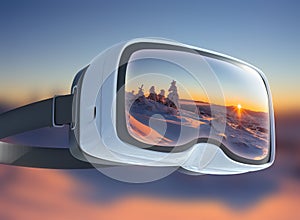 Virtual reality headset, double exposure. Mysterious winter landscape majestic mountains in . Magical snow covered tree.