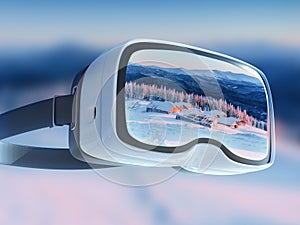 Virtual reality headset, double exposure, Winter mountains majestic landscape