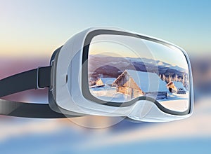 Virtual reality headset, double exposure, Winter mountains majestic landscape