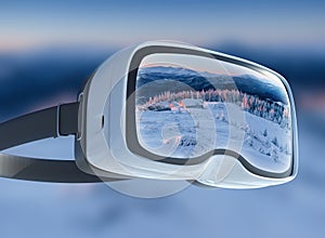 Virtual reality headset, double exposure, Winter mountains majestic landscape