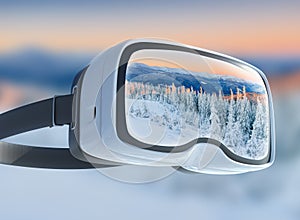 Virtual reality headset, double exposure, Winter mountains majestic landscape