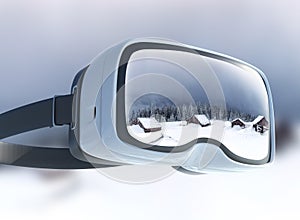 Virtual reality headset, double exposure, Winter mountains majestic landscape