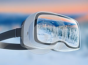 Virtual reality headset, double exposure, Winter mountains majestic landscape