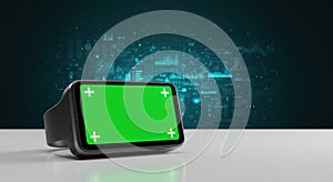 Virtual reality headset with green screen for futuristic technology and data visualization