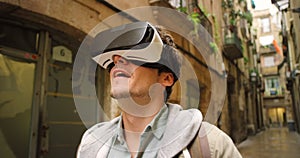 Virtual reality headset, man in city and walking in street for urban tech holiday adventure, travel guide technology and